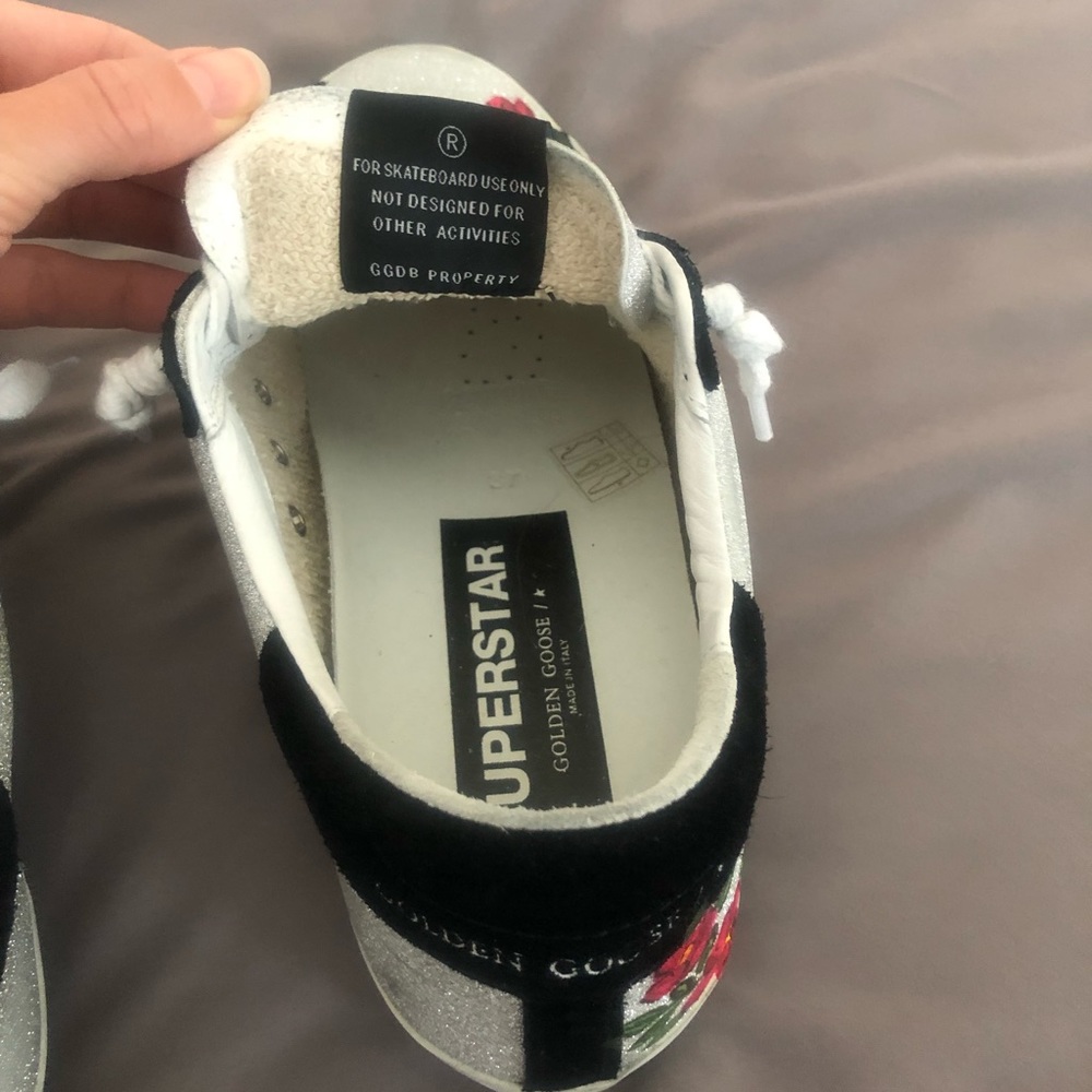 Golden Goose White Silver Sneakers with Black Star and Red Floral Embroidery - Picture 7 of 15